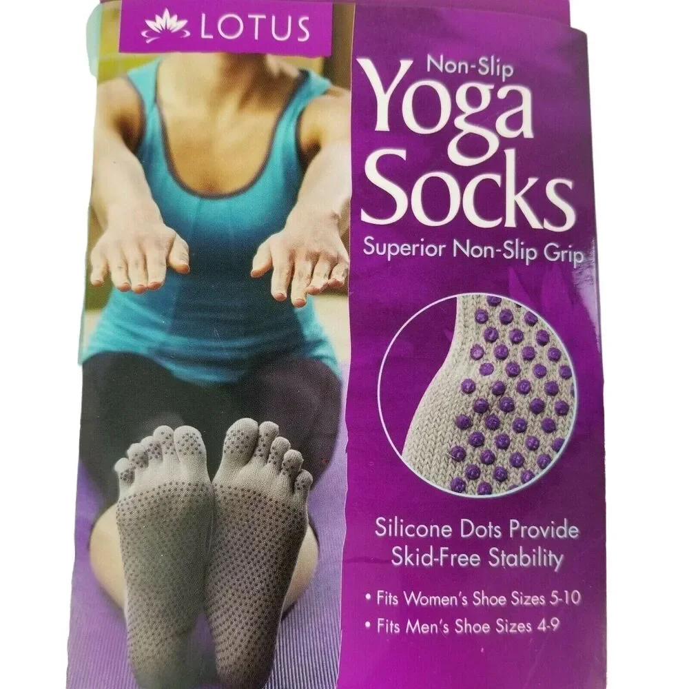 Lotus Yoga Socks Gray Non Slip Grip Purple Silicone Dots Women's Shoe Sizes 5-10